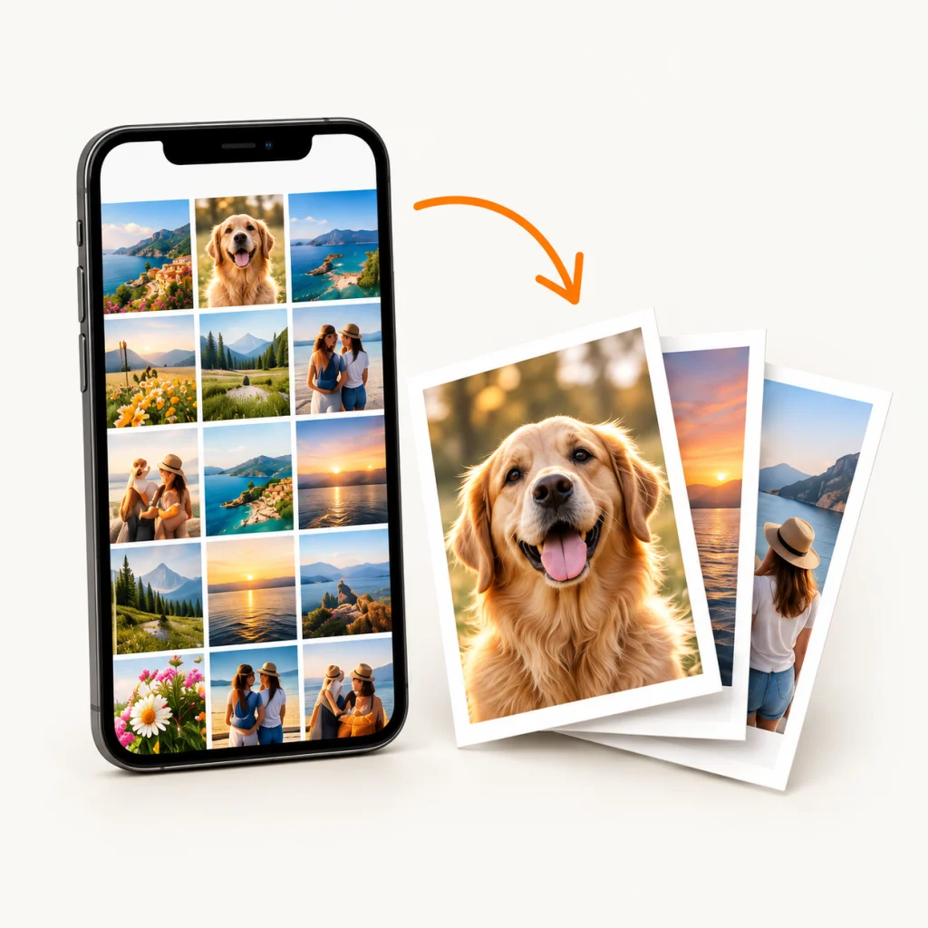Telefon z galerią zdjęć i papierowe odbitki